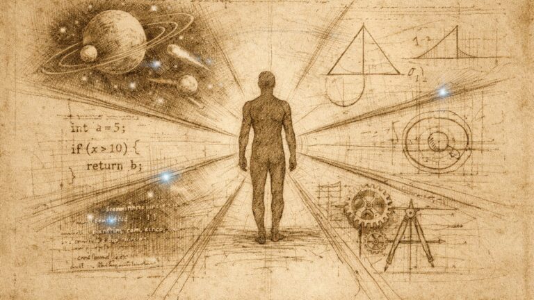 Human figure surrounded by paths leading to space, technology and science